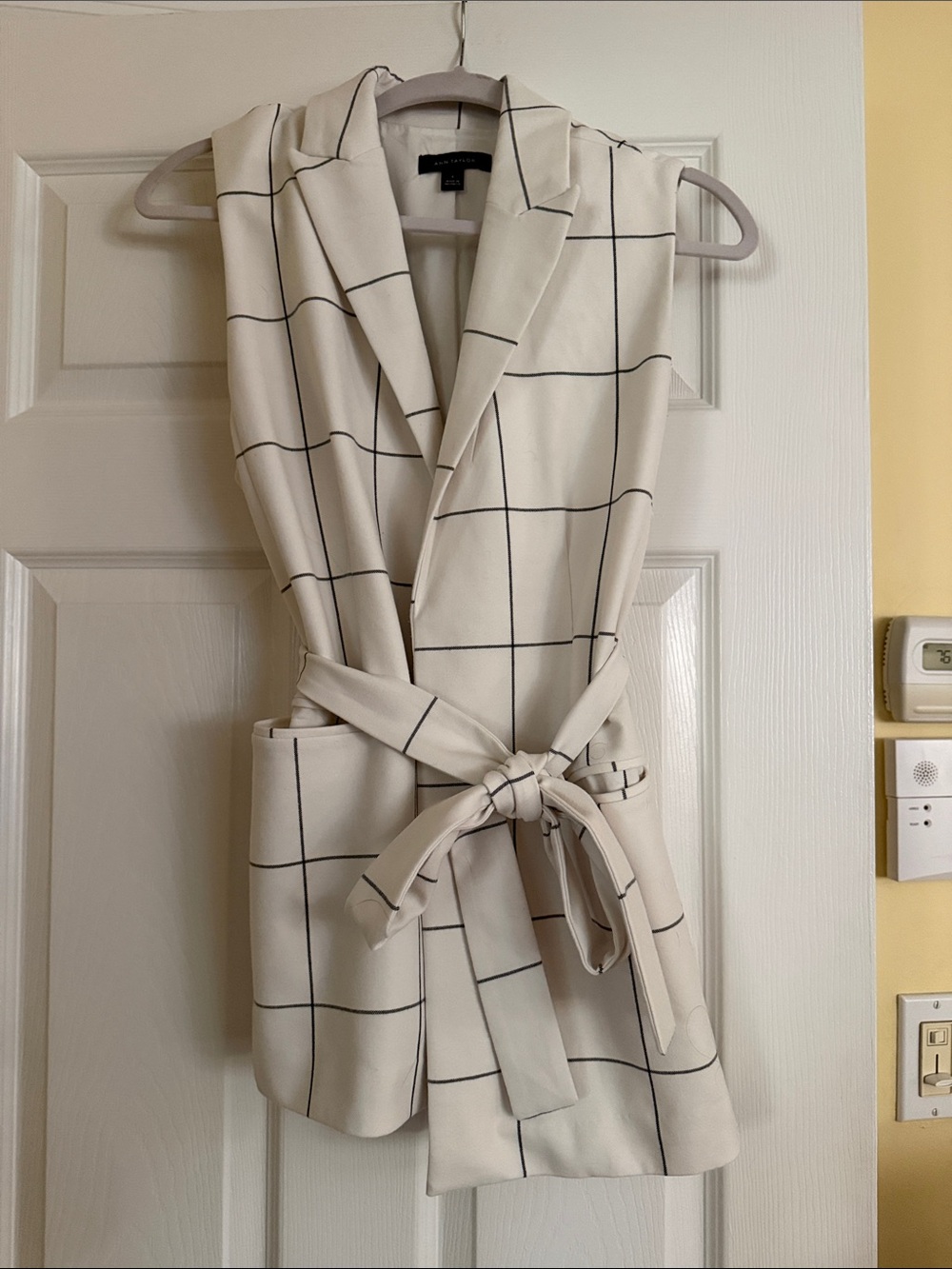 Ann Taylor Cream Windowpane Sleeveless Belted Vest